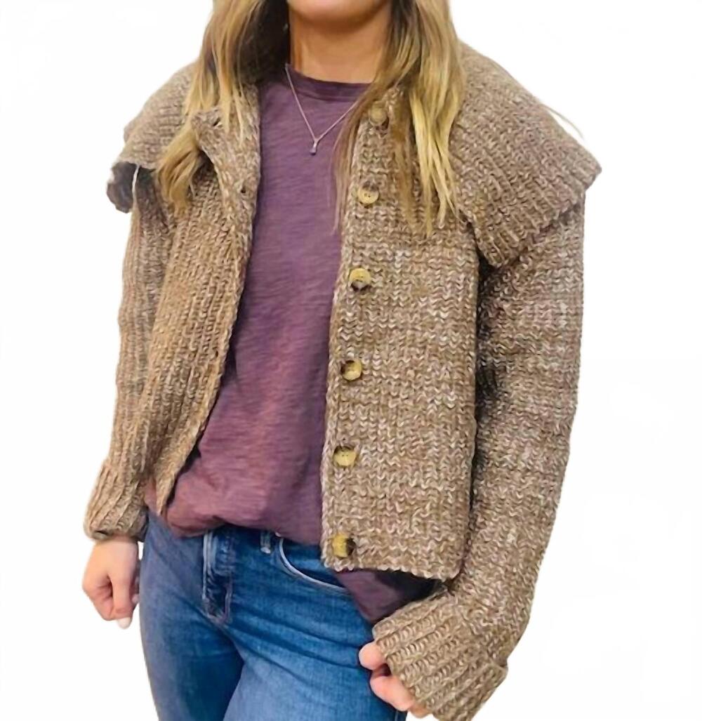 NEW THML women's cropped knitted collar cardigan in brown